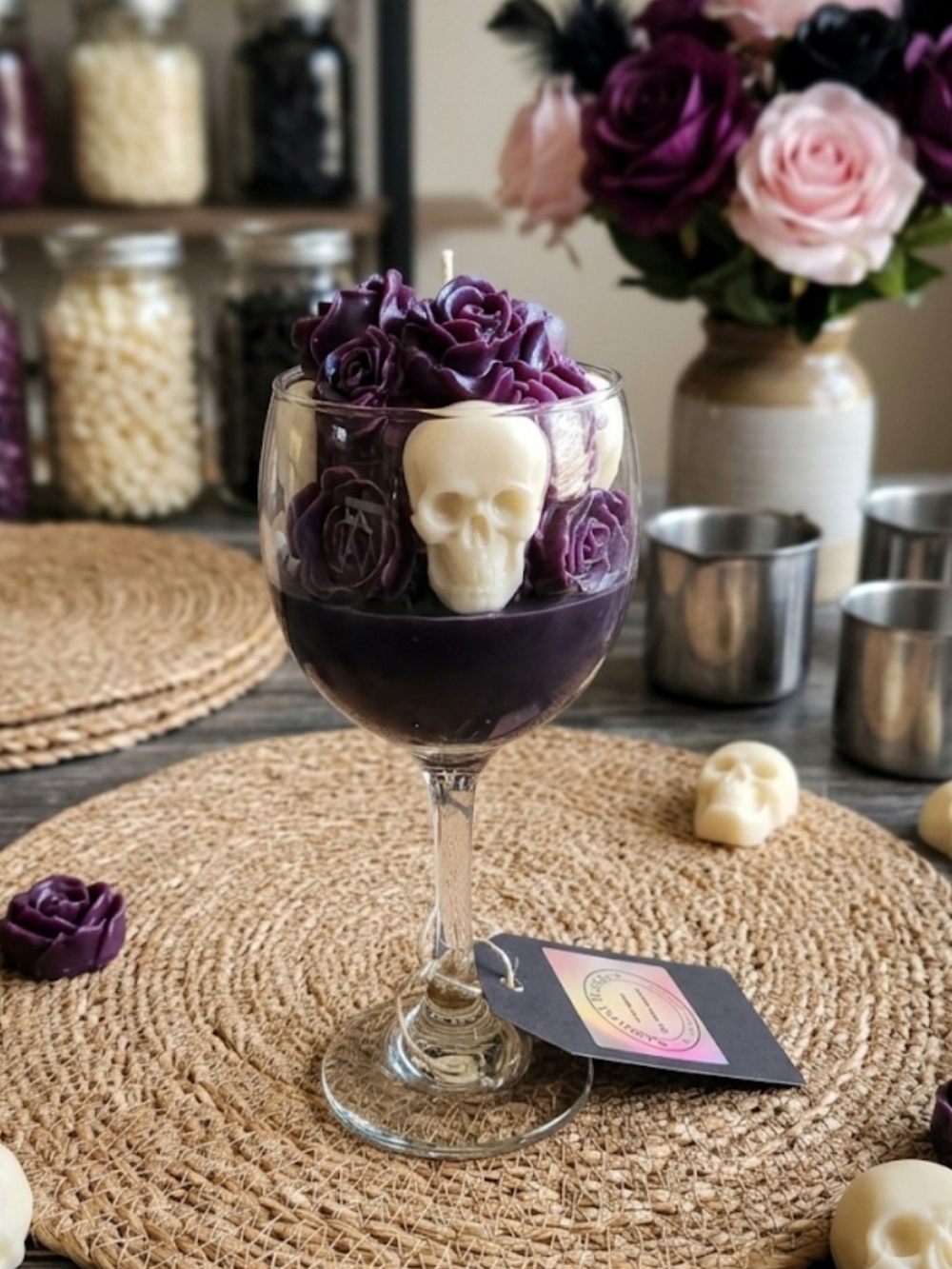 Handmade Love Spell Soy Candle Gothic Skull & Purple Rose Wine Goblet